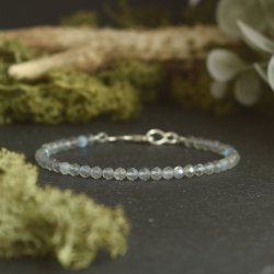 Dainty faceted labradorite beaded bracelet with sterling silver findings on a black slate base with natural green foliage in the foreground and background