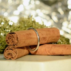 Handmade, textured, sterling silver stacking ring displayed on cinnamon sticks with green moss and a silvery festive background